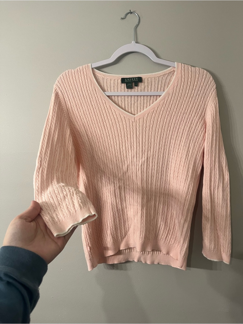 Lauren Ralph Lauren Light Pink V-Neck Cable Sweater